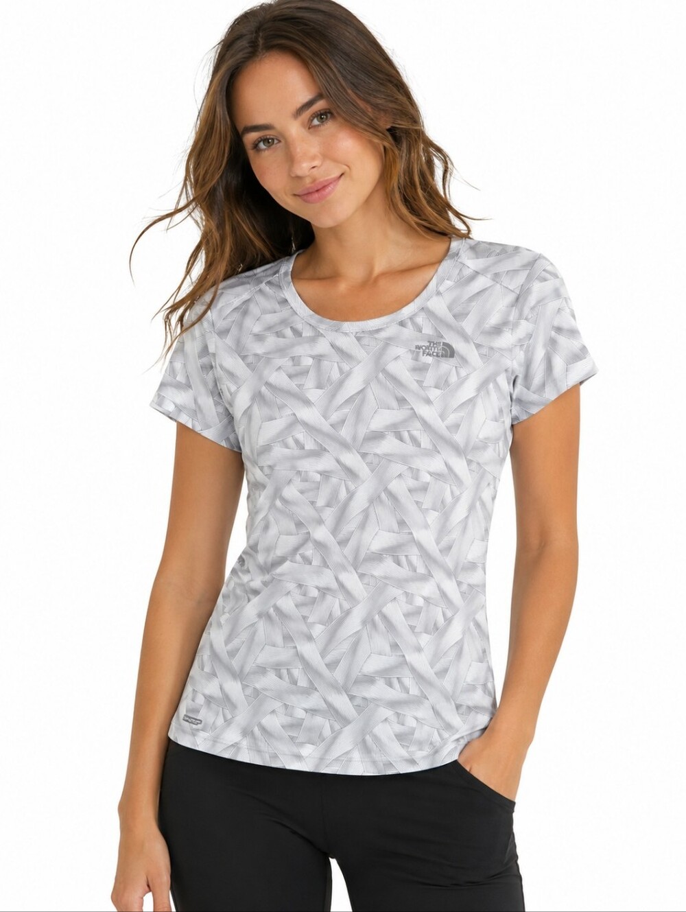 The North Face Women’s Medium Gray White Geometric Print Performance Short Sleev